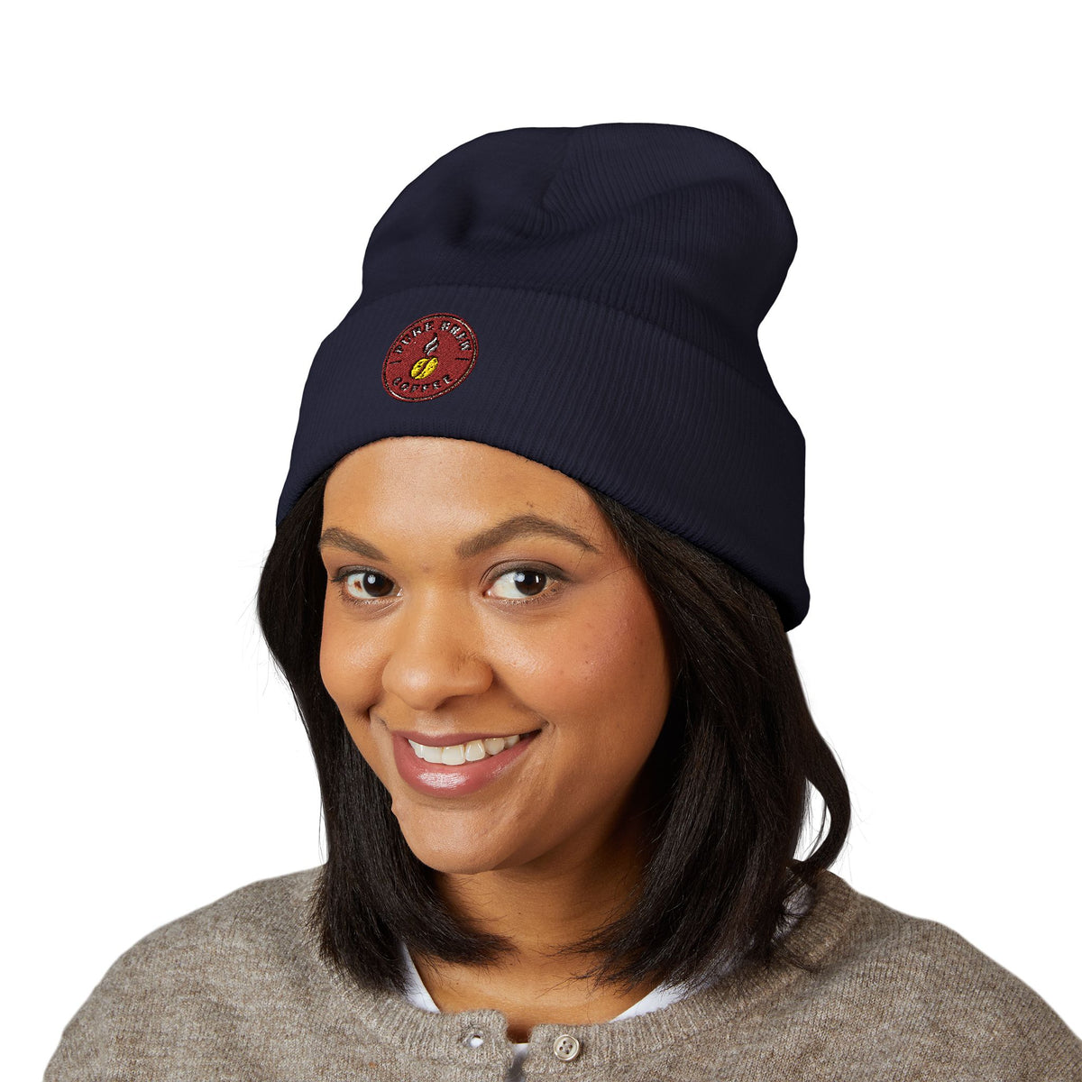 Embroidered Coffee Badge Cuffed Beanie