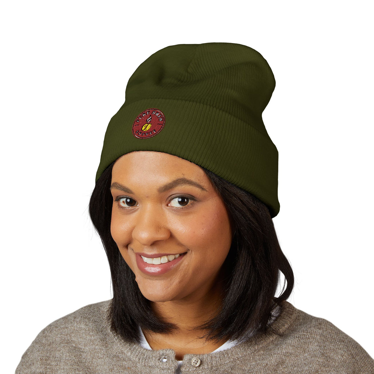 Embroidered Coffee Badge Cuffed Beanie