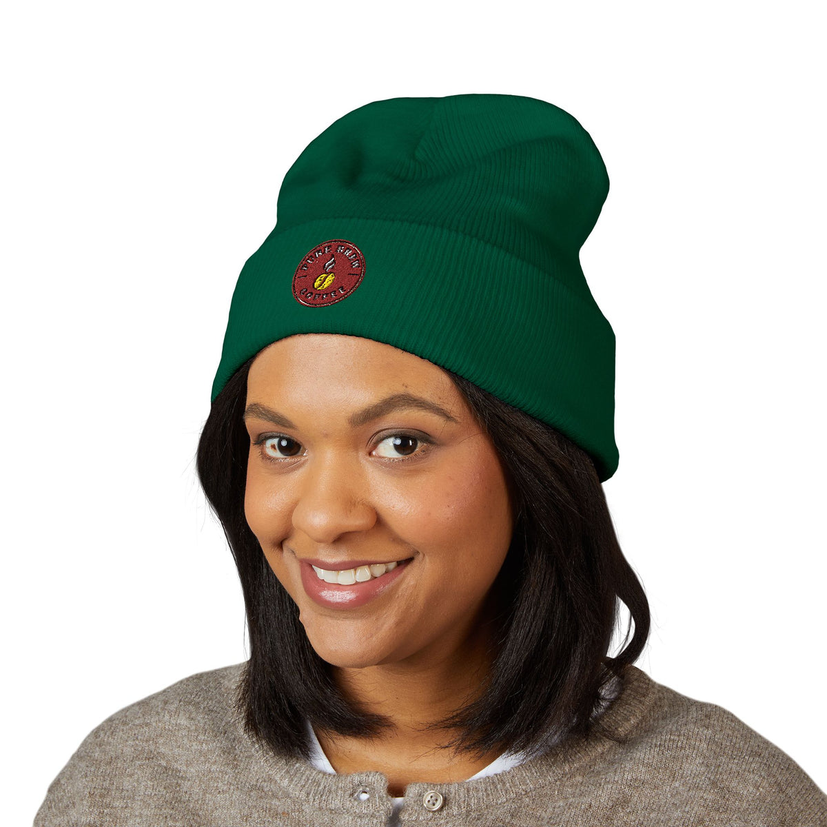 Embroidered Coffee Badge Cuffed Beanie