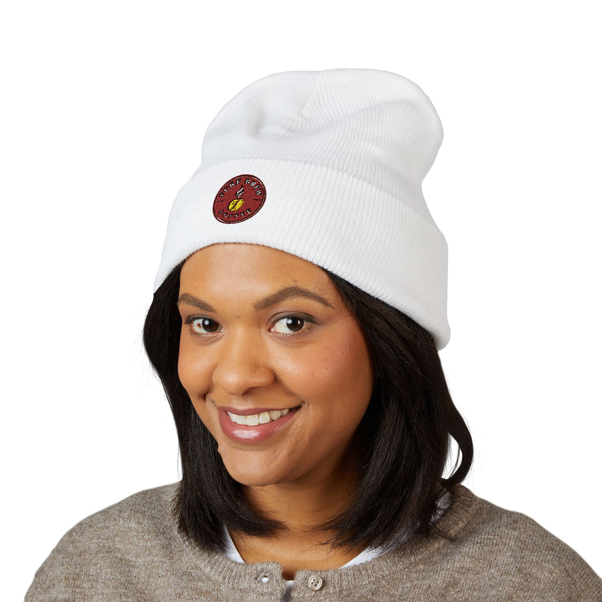 Embroidered Coffee Badge Cuffed Beanie
